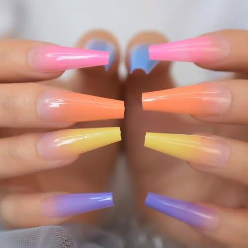 Extra Long Fake Nail Tips Coffin Rainbow Designer UV Gel False Nail Kit Professional Nails Art Set