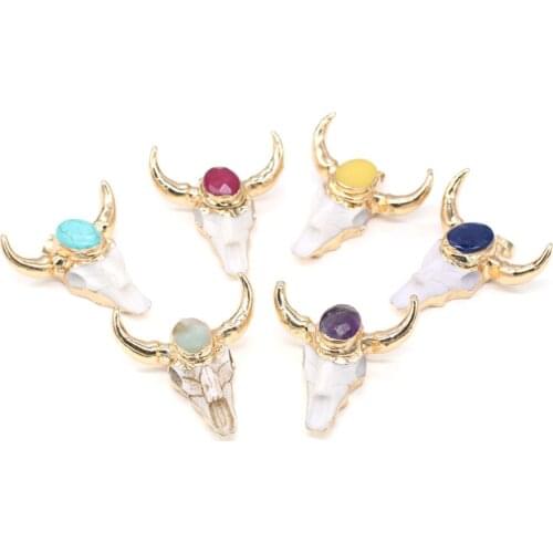 Vintage Ethnic Acrylic Cow Head Shape and Amethysts Lapis Lazuli Pendant Charms for Jewelry Making DIY Necklace Decoration