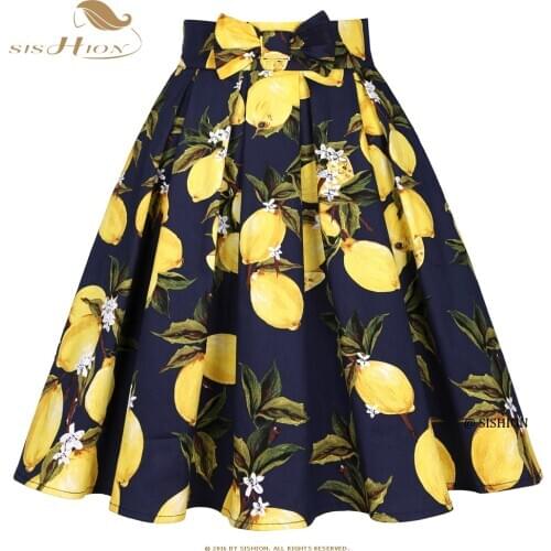 SISHION Lemon Floral Printed Bow Blue Women Vintage Skirt SS0012 Harajuku Plus Size High Waist Cotton Tennis Summer Midi Skirt