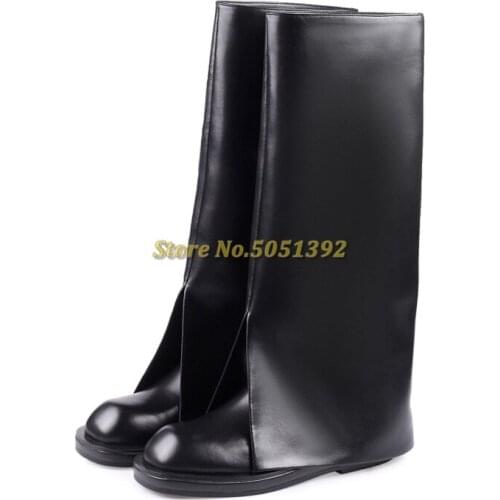 2021 Autumn Winter Boots Turn Over Black White Leather Round Toe Knee High Women Boots Flat With Slip On Dress Women Shoes