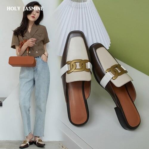 2021 New Genuine Leather Shoes Women Slipper Square Toe Metal Mules Flat Slipper Women Casual Party Shoes Slippers Women Mules