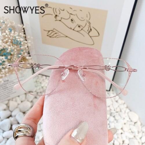 Big Size Rimless Eyewear Women Pink Myopia Eyeglasses Diamond Prescription Anti Blue Computer Eye Glasses Oversized 854