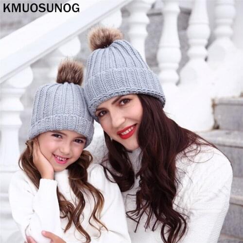 1PC Hats For Baby or Mom Winter Warm Raccoon Fur Hats Daughter Mommy Beanie Caps Children Women Cotton Knitted Hats C0679