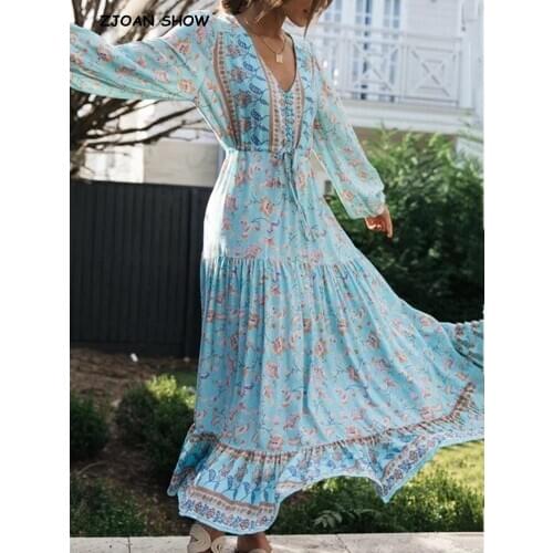 2020 Bohemia Buttons V neck Mint Green Floral Print BOHO Long Sleeve Dress Woman Bow Strappy Lacing up Waist Holiday Dresses