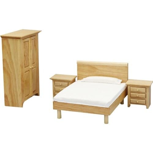 4X Miniature Wooden Stylish Bedroom Furniture Double Bed, Night Table & Wardrobe 1:12 Dollhouse Creative Ornament DIY