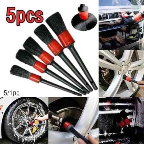 5Pcs Car Auto Detailing Cleaning Brushes Natural Boar Hair Car Brush Set For Wheel Air Vent Car Detail Cleaning Accessories