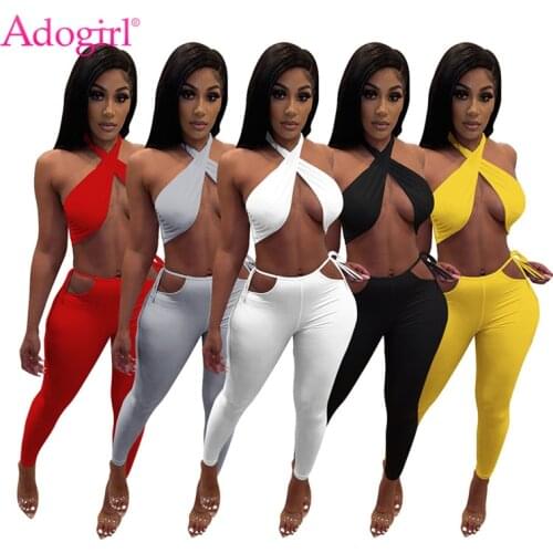 Adogirl Women Solid Sexy Two Piece Set Cross Halter Backless Crop Top Lace Up Hollow Out Pencil Pants Tracksuit Home Outfits