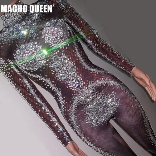 Drag Queen Costumes Sparkly Rhinestone Bodysuit Crystal Jumpsuit Stage Dance Wear Runway Performance Party Celebrity Clothing