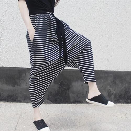 Spring Summer Woman Strip Casual Personality Big Cool Crotch Pants Modal Hip Hop Dance Harem Trousers