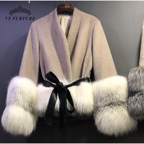 Womens Winter Cashmere Woolen Short Coat Fox Fur Hem Plaid Coat Warm And Fashionable Luxury Fox Fur Cuffs FC-435