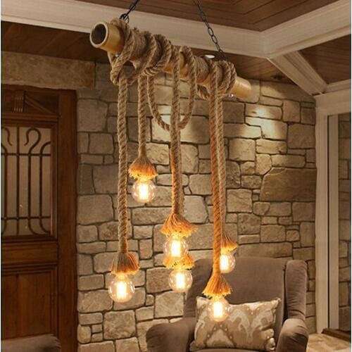 American Vintage Bamboo Hemp Rope Droplight European Pastoral Retro Droplight Country Home Indoor Lighting Cafes Hanging Lamps
