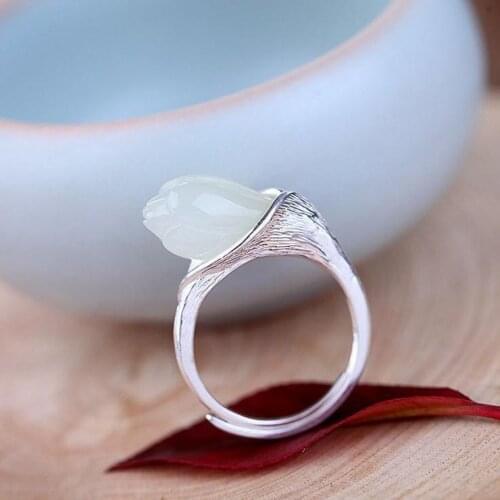 S925 Sterling Silver Magnolia Flower Ring Natural Hetian Jade Magnolia Flower Ring Vintage Court Style Silver Ornament for Women
