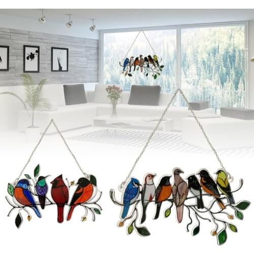 Multicolor Birds On Wire High Stained Suncatcher Creative Birds Stained Glass Window Hangings Panel Home Decoration Accessories