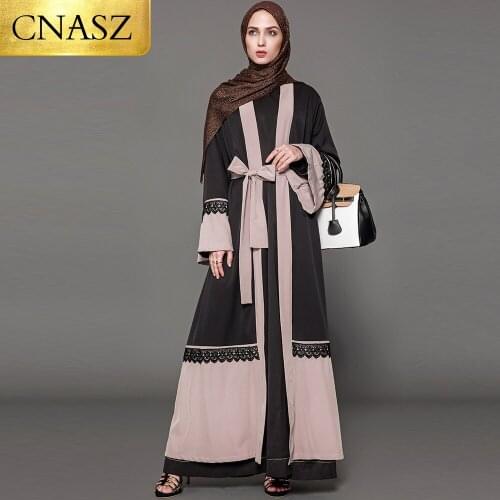 Islamic Women Wear New Model Abaya In Dubai With Belt Maxi Dress Muslim Lace Splice Cardigan Kimono Jubah Ramadan Arabic Turkish
