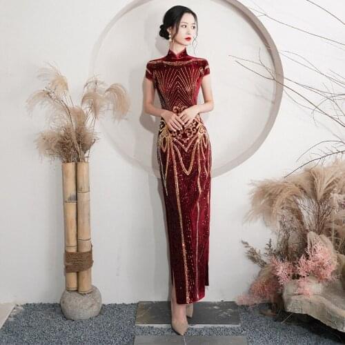 Oversize Sexy Velour Sequin Flower Cheongsam Women Slim Velvet Qipao Elegant Evening Party Dress Short Sleeve Vestidos