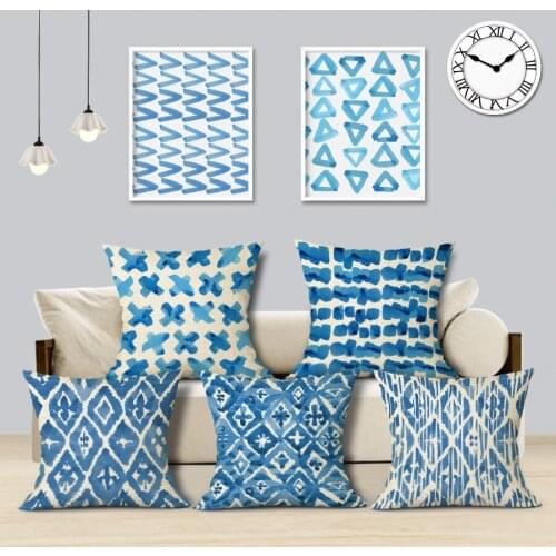 Nordic Geometric Cushion Cover Blue Plaid Geometric Linen Home Cushions Square Sofa Seat Luxury Throw Pillows Custom