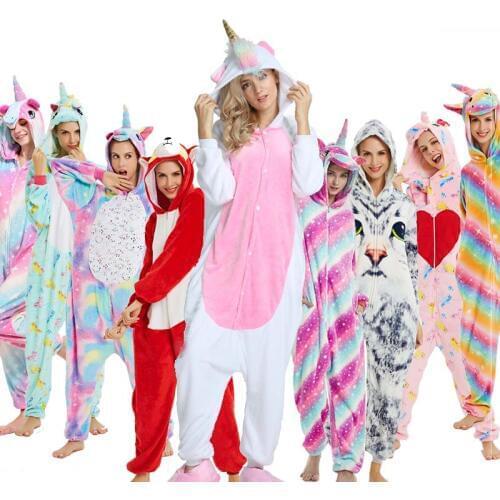 2020 Autumn Winter Women Men Adults Flannel Hooded Animal Onesie Cartoon Sleepwear Unicorn Pajamas set Stitch Kugurumi Unicornio