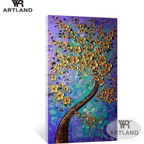 Hand-painted canvas oil paintings backdrop thick oil gold flowers purple back for living room Entrance home decoration unframed