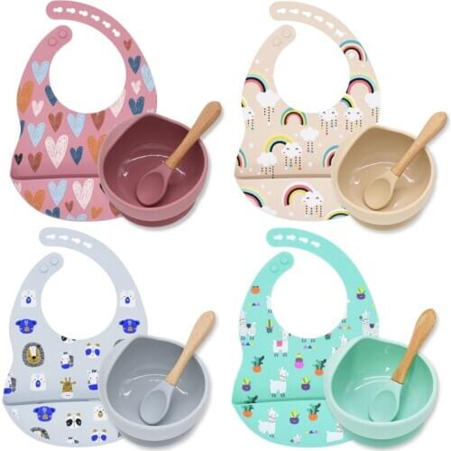 3Pcs/Set Silicone Baby Bibs Bowl Spoon Unicorn Print Heat-resistant Waterproof Baby Silicone Tableware Toddler Feeding BPA FREE