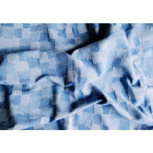 Stitching Plaid Wash Denim Fabric for Pants Dress Skirt Clothes DIY Sewing Fashion Jacquard Grid PatternTextile Blue 50X170cm