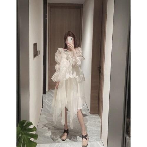 Dark fairy ATA silk jacquard silk ribbon lace shirt perspective blouse