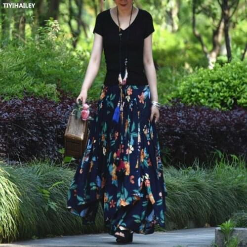 TIYIHAILEY Free Shipping 2021 Fashion Long Maxi A-line Elastic Waist Women Summer Cotton Print Flower Navy Blue Big Hem Skirt