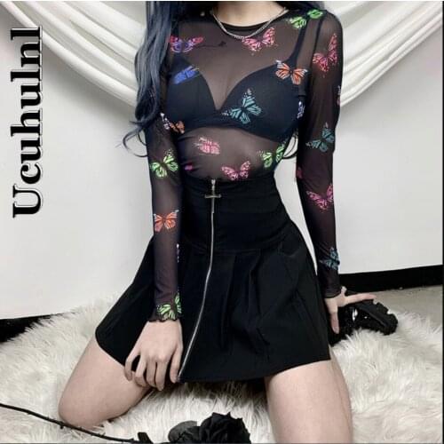 Ucuhulnl Sexy Mesh T-shirt Women Gothic Punk Butterfly Printed Bottom Long Sleeve O-neck Elastic Aesthetic Tshirt Streetwear Ins