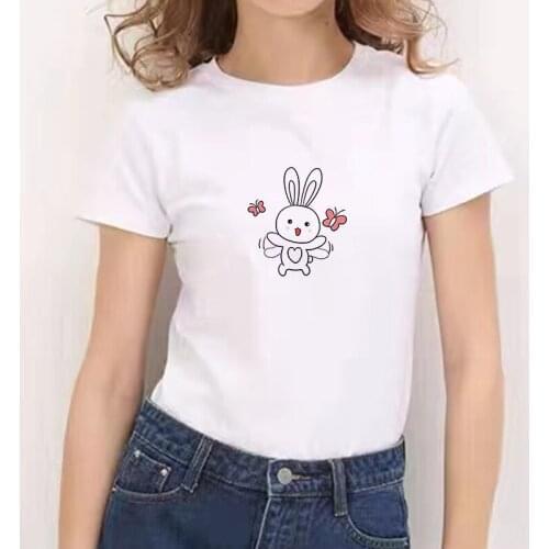 Kawaii Rabbit Print Women Short Sleeve O-neck Funny T-shirt Casual Women Tee Shirt Cotton Tops Summer clothing