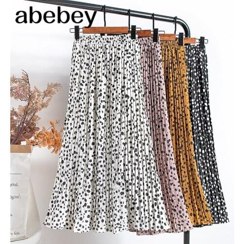 Women Chiffon Pleated Skirt Elastic High Waist Summer Skirts Womens 2021 Print Casual Midi Long Skirt Mid Calf Length
