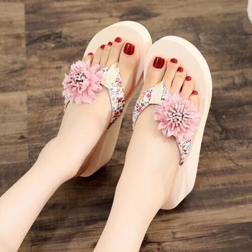 5cmHigh Heel Womens Summer Flip-flops Trendy Fashion Wild Flip-flops Vacation Seaside Floral Shoes Comfortable CasualFlip-flops
