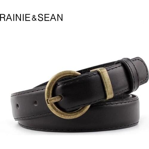 RAINIE SEAN Thin Womens Belt Pin Buckle Leather Belt For Jeans Korean Vintage Black Coffee Camel Ladies Waist Belt For Trousers