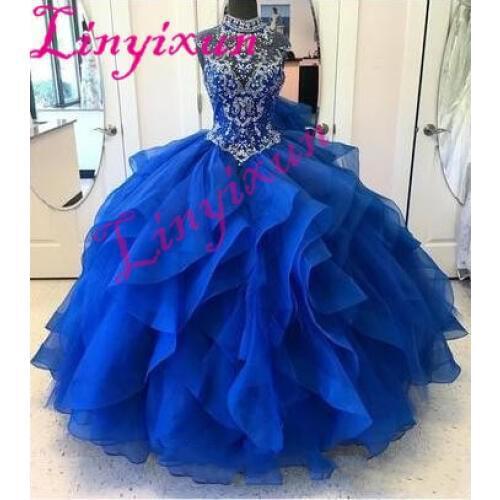 High Neck Crystal Beaded Bodice Corset Organza Layered Quinceanera Dresses Ball Gowns 2018 Princess Prom Dresses