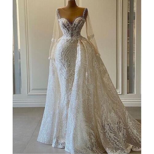 New Arrival Sheer Neck and Long Sleeve Wedding Dresses Lace Applique Beaded Bridal Dress Detachable Train robe mariage femme
