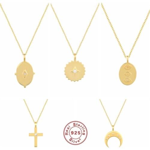 Aide 925 Sterling Silver Trendy Classic Cross Moon Pendants Necklace For Women Vintage Ladies Gold Necklaces Collares Bijoux