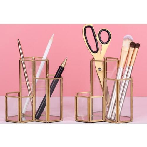 Nordic Sytle Gold Pen Holder Brass + Glass Geometric Modular Desk Storage Makeup Box Stationary Accessory Organizer