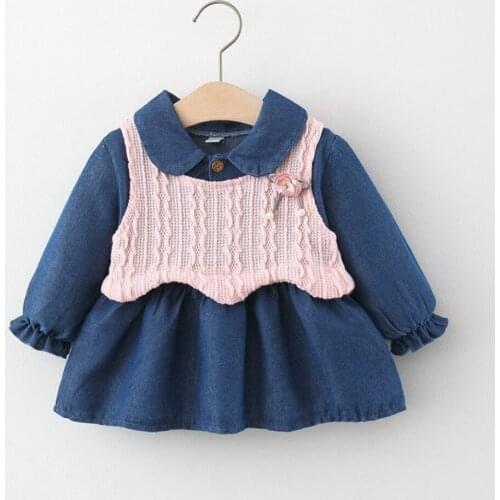 Autumn Girls Kids Princess Dress Set Children Baby Infants Long Sleeve Jeans Dresses Vestidos+ Knitwear Waistcoat 2pcs S12776