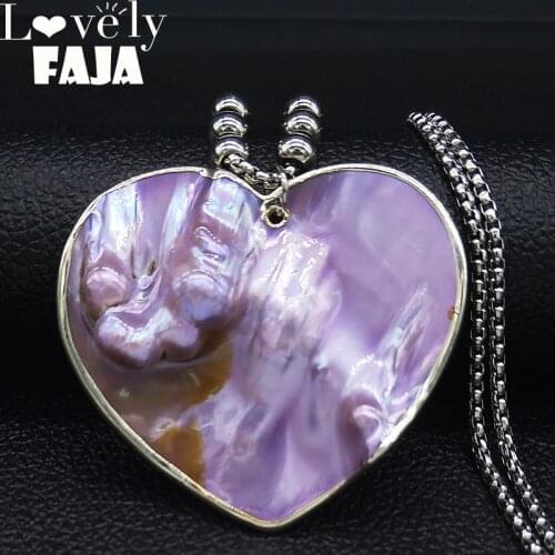 2021 Fashion Heart Big Stainless Steel Shell Chain Necklace Women Purple Color Bead Necklaces Pendants Jewelry collares N19216