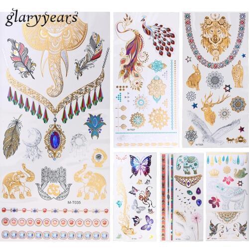 6 Pieces Flash Gold Metallic Tattoo Unisex Temporary Sticker Wolf Peacock Elephant Butterfly Style Chain Tattoo Body Art Sticker