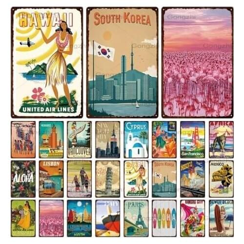 Hot Sale Hawaii Flamingos Beach Surfing Metal Sign Retro Lisbon Paris Landscape Metal Poster Retro Plaque Wall Decoration