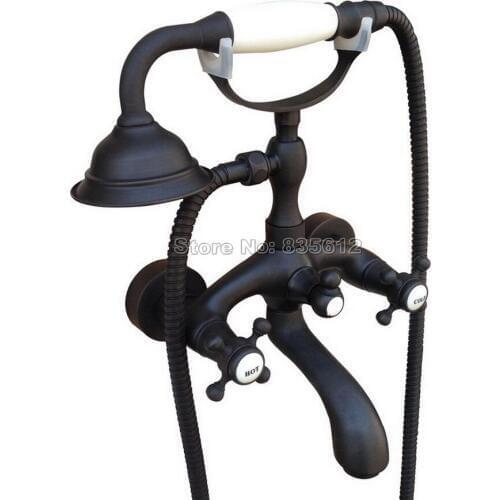 Black Oil Rubbed Bronze Bathroom Dual Handles Dual Control Wall Mounted Bath Tub Mixer Tap + Handheld Shower Head Faucet Wtf566