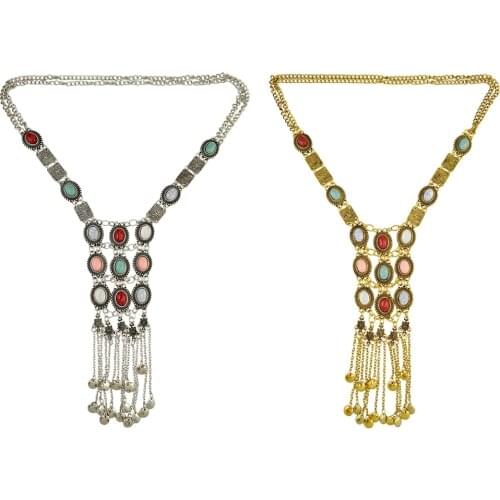 Ethnic Gold Silver-color Plated Chain green stone Beaded Opal Long Tassel Pendant Statement Choker Necklace for Women Jewelry