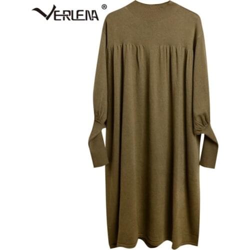 Verlena Long Lantern Sleeve Jumper Pullovers Raw Crew Neck Long Sweater Knitted Black Autumn Winter Loose Straight Dress 2021