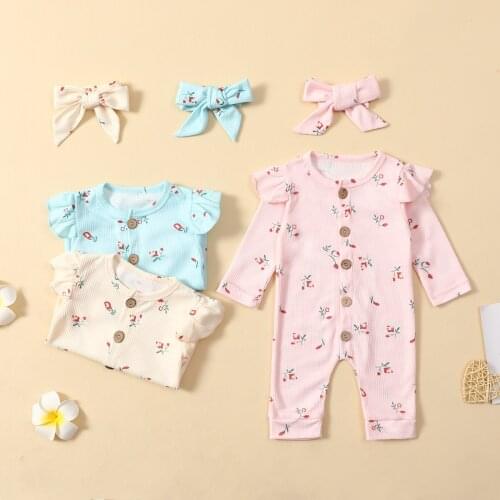 FOCUSNORM 3 Colors Infant Baby Girls Lovely Jumpsuits Headband 2pcs Floral Printing Long Sleeve Single Breasted Romper 0-24M