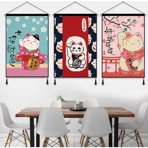 Japanese Style Fortune Cat Wall Paintings Fujiyama Scroll Painting Room Decor Aesthetic Tapestry Living Room Bedroom Decoration