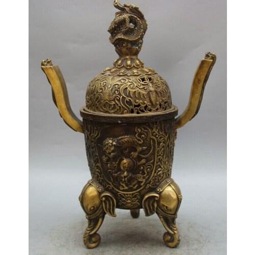 Collectible bronze S1912 16" Marked Chinese Copper 3 Foot Elephant Head Dragon Incense Burner Censer