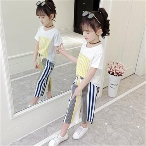 Summer New Girls Children Clothing Set Baby Girl Korean Suit striped Blouse and Wide Leg Pants Two-piece Kids Clothes