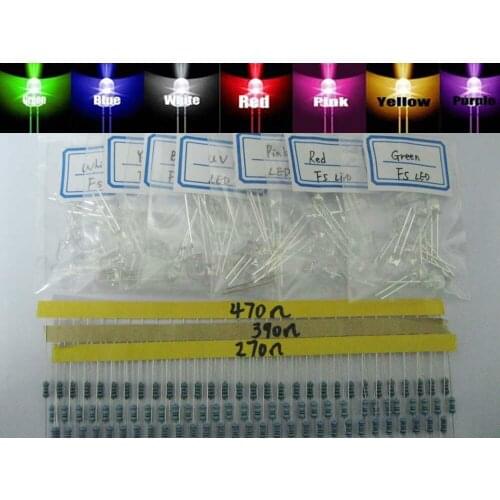 70x5mm Mixed Red Green Blue Yellow Purple Pink White LED Light 90 Metal Resistor