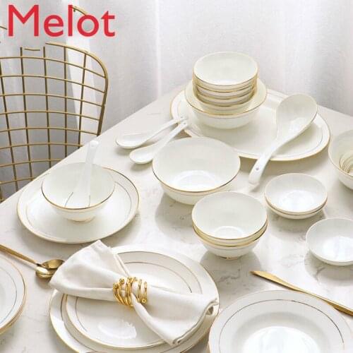 The Jinbian Bone Porcelain Dishes Set Is A Combination of Modern Simple Light and Extravagant Bowl Plates with Ceramic Cutlery