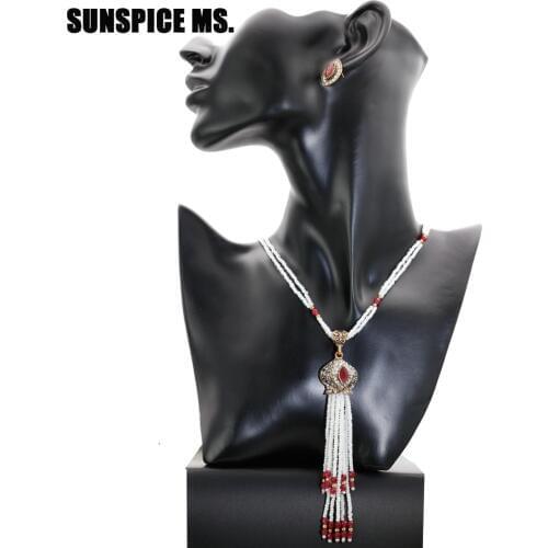 SUNSPICE MS Vintage African Bead Wedding Jewelry Sets Turkish Flower long Tassel Necklace Stud Earring Antique Gold Color Bijoux