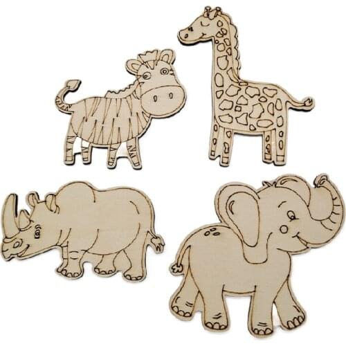 Unfinished Wood Cutouts for Crafts, Zoo Animals, Zebra, Giraffe, Elephant, Rhino